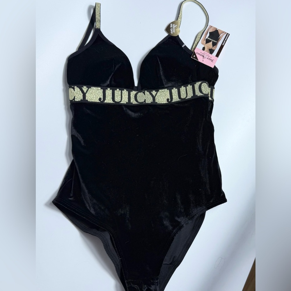 Juicy Couture bodysuit small shirt lingerie black velvet with gold NWT